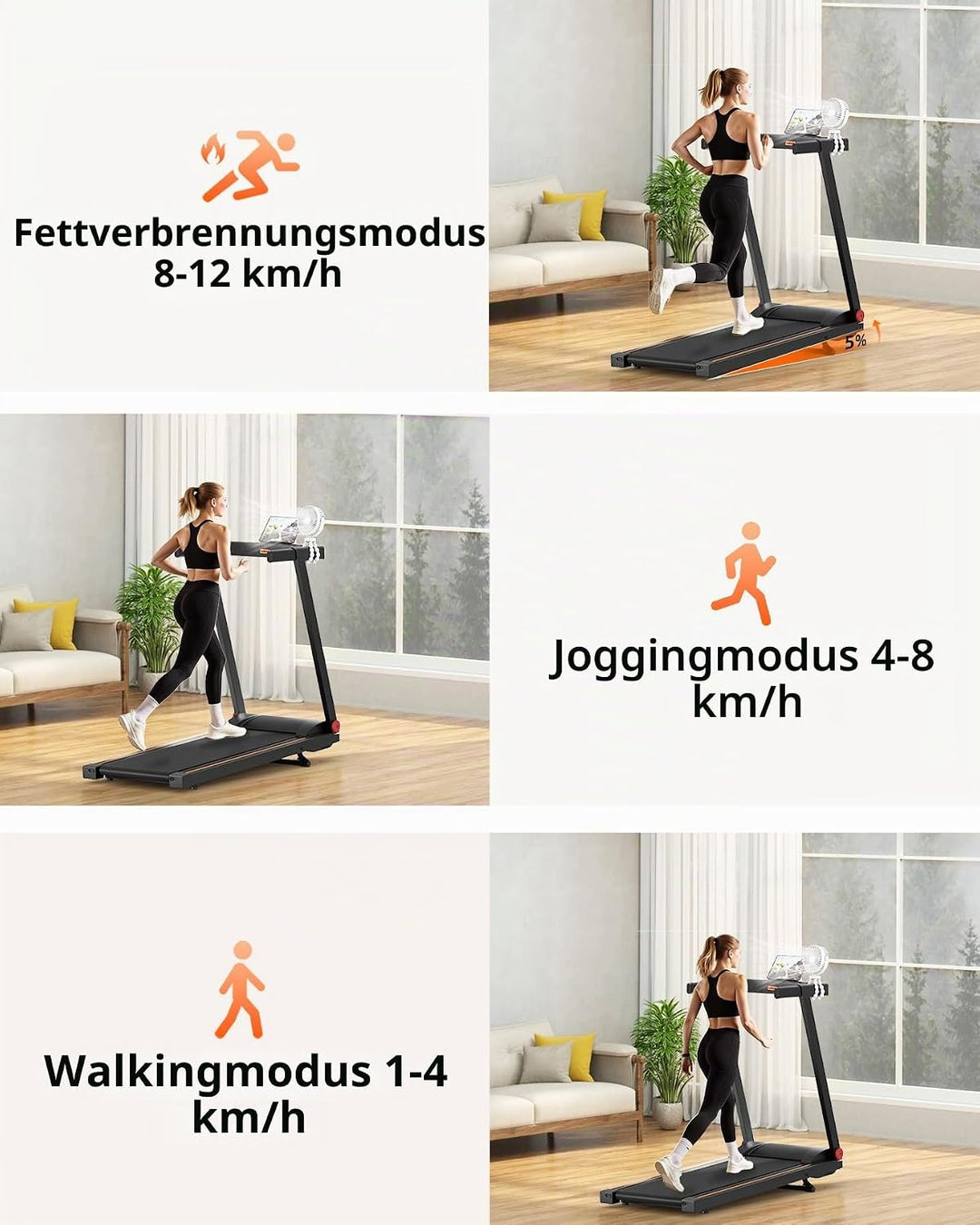 Superun Laufband Klappbar mit APP, Max 12km/h Walking Pad mit Steigung 6% 100cm SchwarzOrange, 100cm