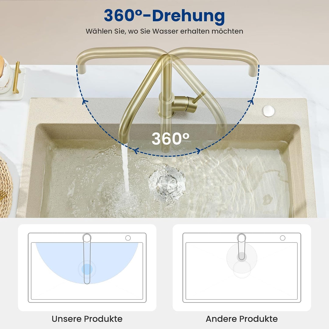 CECIPA Wasserhahn Küche Gold, 360° Drehbar Hochdruck Armatur Küche, Armatur mit Brause, Gold