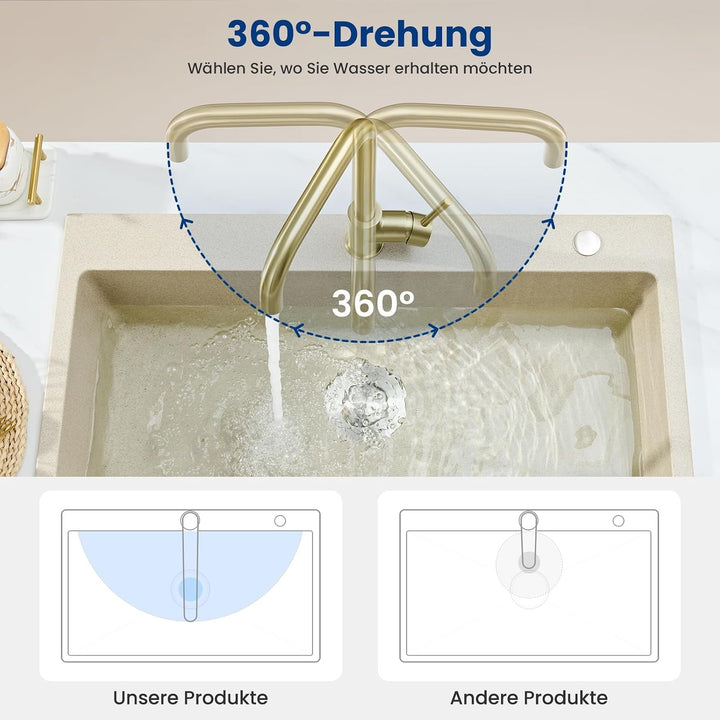 CECIPA Wasserhahn Küche Gold, 360° Drehbar Hochdruck Armatur Küche, Armatur mit Brause, Gold