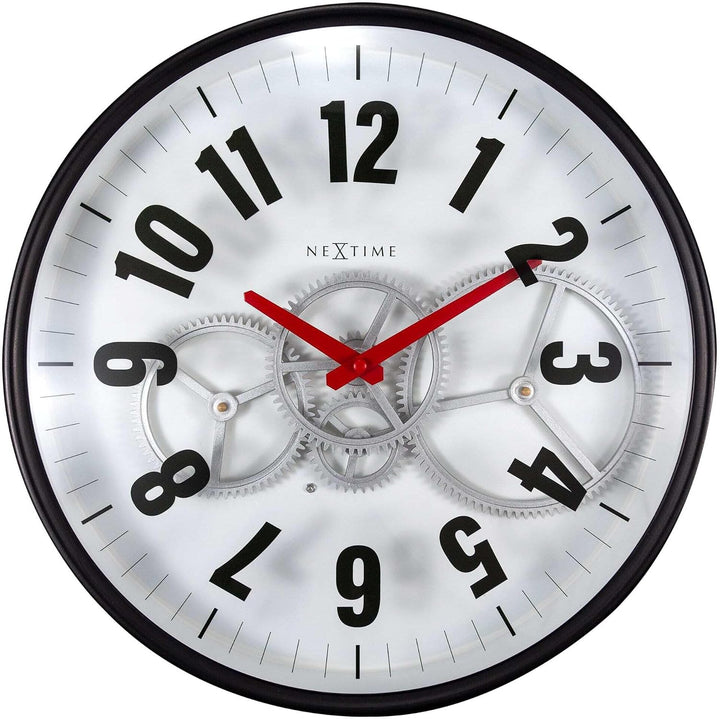 NeXtime Moderne Gear Uhr mit beweglichem Getriebe, Weiss, 36 cm, Metall/Glas