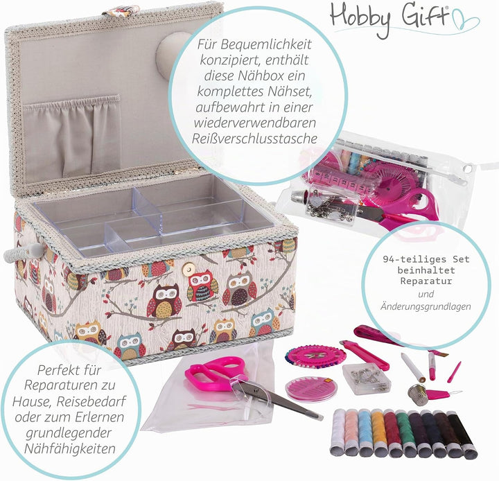Hobby Gift Nähkästchen Mittel Set mit Griff - Nähkorb aus Baumwolle mit Fächern für Nähzubehör &amp; Wer