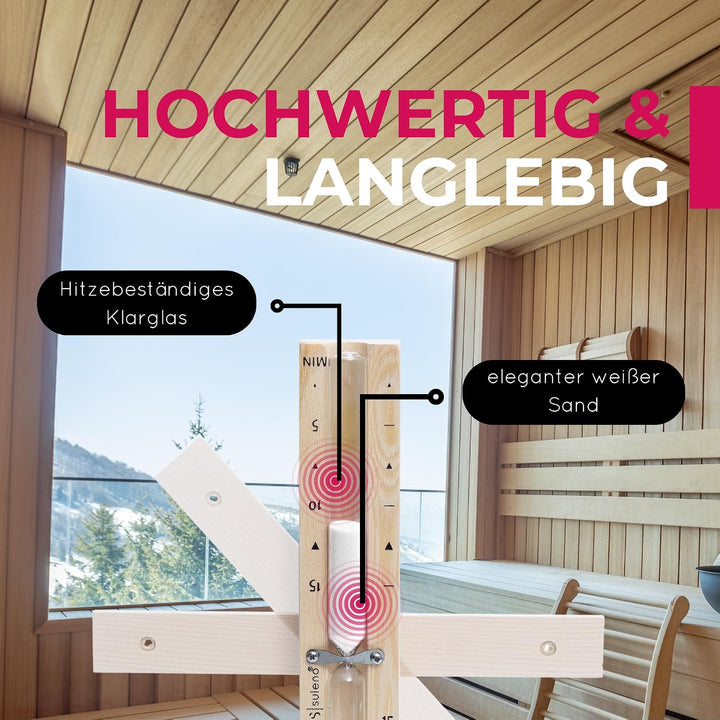 Suleno® Sauna Sanduhr 5-15 Minuten – Hitzebeständiger Zeitmesser aus Holz, Glaszylinder mit weissem