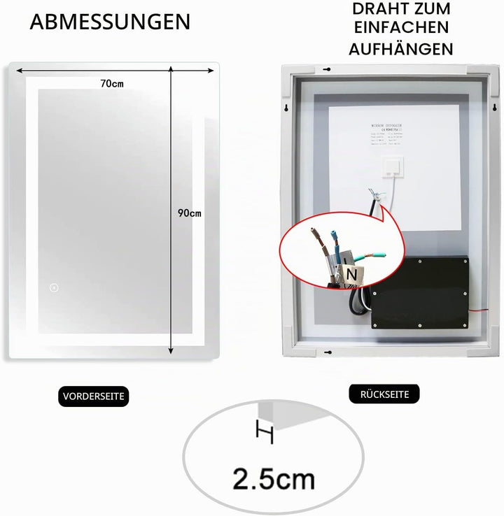 LED-Badspiegel 70x90 cm, Badezimmerspiegel Wandspiegel Lichtspiegel mit Beleuchtung mit Touch-Schalt