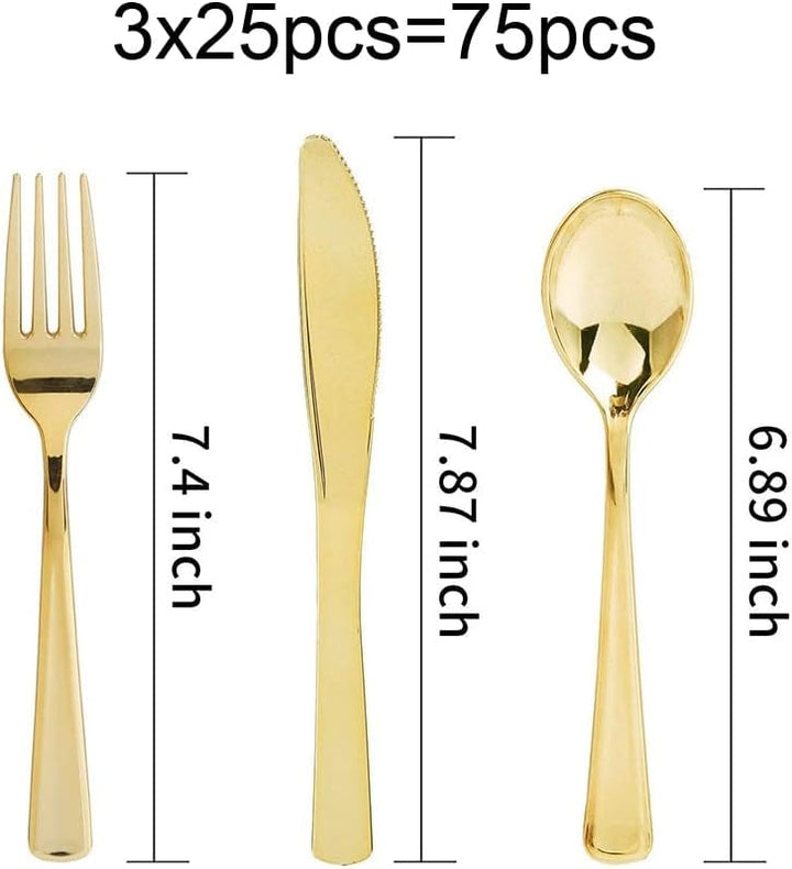 75 stücke Goldene Messer und Gabeln Löffel Wiederverwendbare Kunststoff Geschirr Set Geburtstag Part