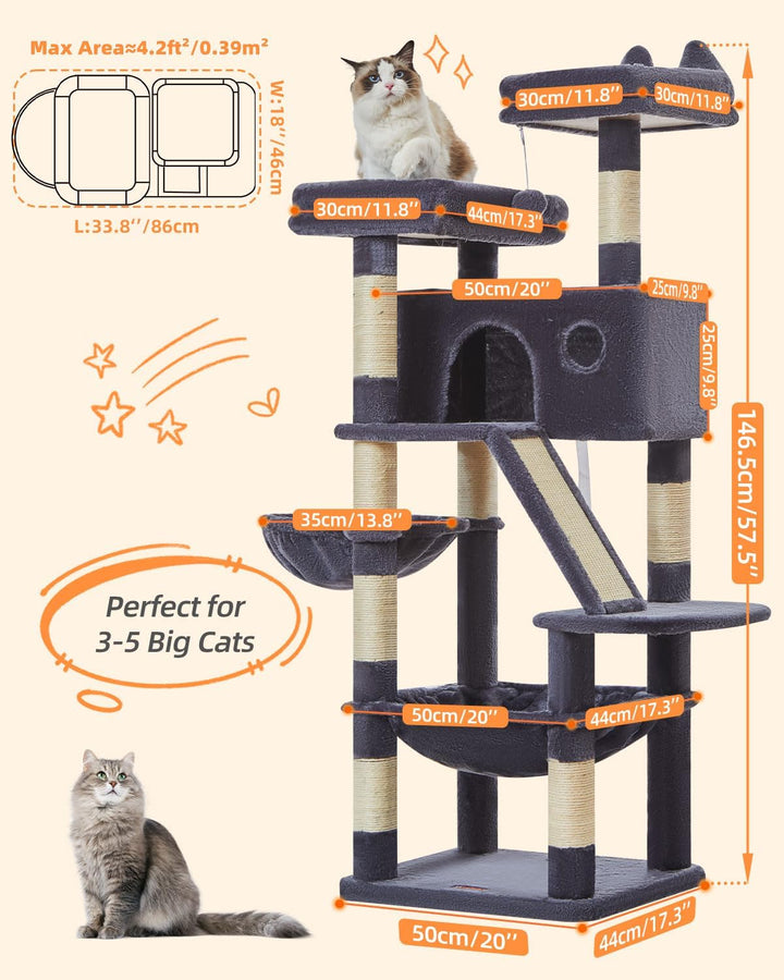 Taoqimiao 146CM Kratzbaum Gross, Katzenbaum Katzen Kratzbaum Grosse Katzen Stabil mit 2 Katzenhaus,