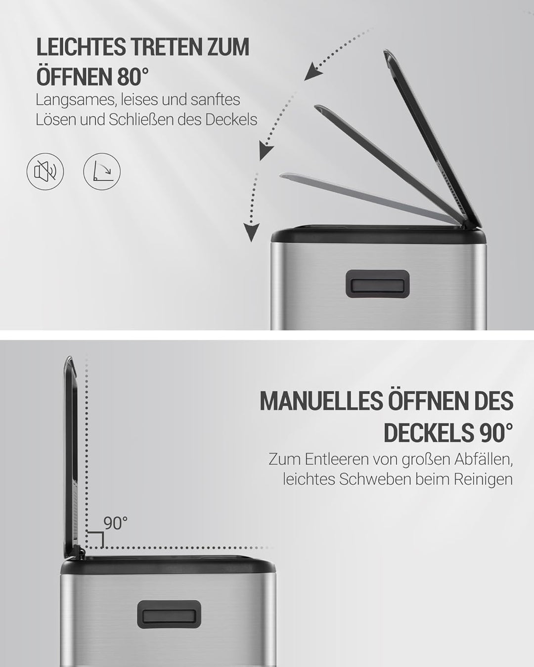 Hzuaneri Mülleimer Küche, Mülltrennsystem 2 Fächer 60 L (2 x 30 L), Edelstahl-küchenmülleimer, Tretm
