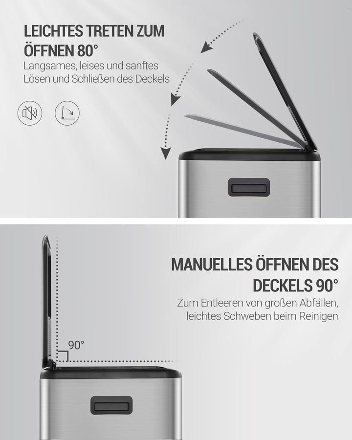 Hzuaneri Mülleimer Küche, Mülltrennsystem 2 Fächer 60 L (2 x 30 L), Edelstahl-küchenmülleimer, Tretm