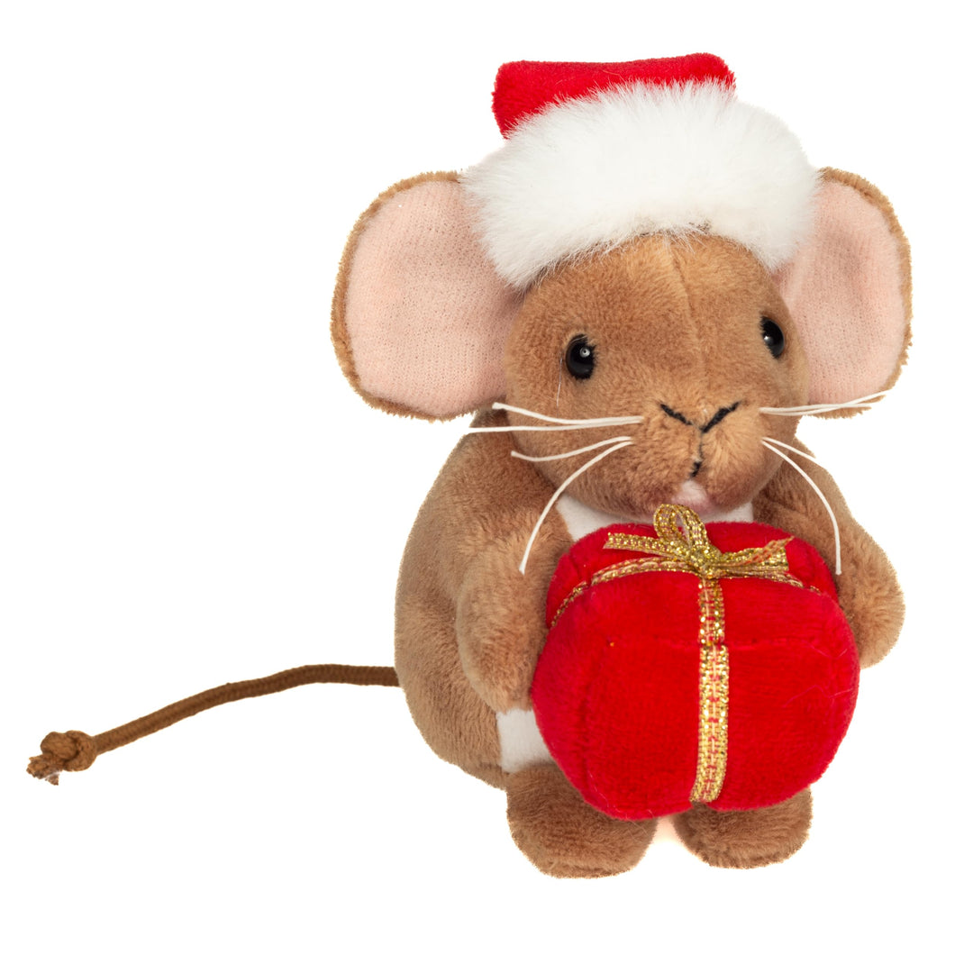 Teddy Hermann 94621 Weihnachtsmaus mit Geschenk 11 cm, Kuscheltier | Besonders flauschiger Premium-P