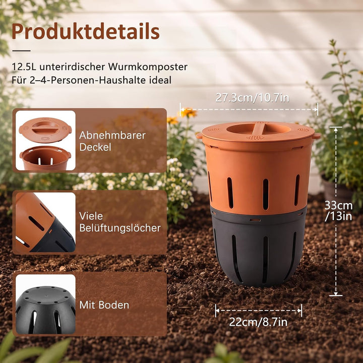 Silavo Wurmkomposter 12.5L, Komposter zum Eingraben (1er-Pack) Orange 1er Pack, Orange 1er Pack