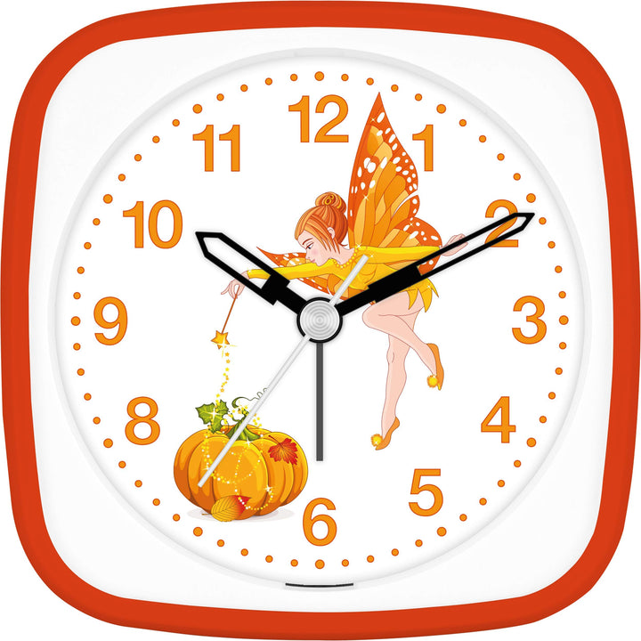 Eurotime Wecker für Mädchen mit Kürbis Herbst Fee, Orange Weiss, Kinderwecker, Kunststoffgehäuse und