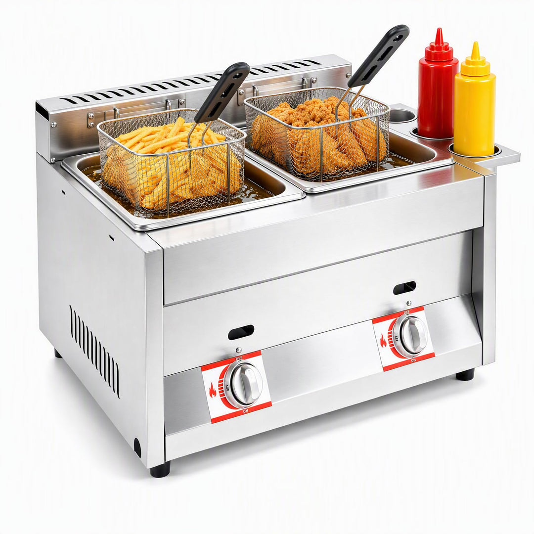 Kommerzielle Gas-Fritteuse mit Korb und Deckel, 2 x 6 L Edelstahl Fritteuse