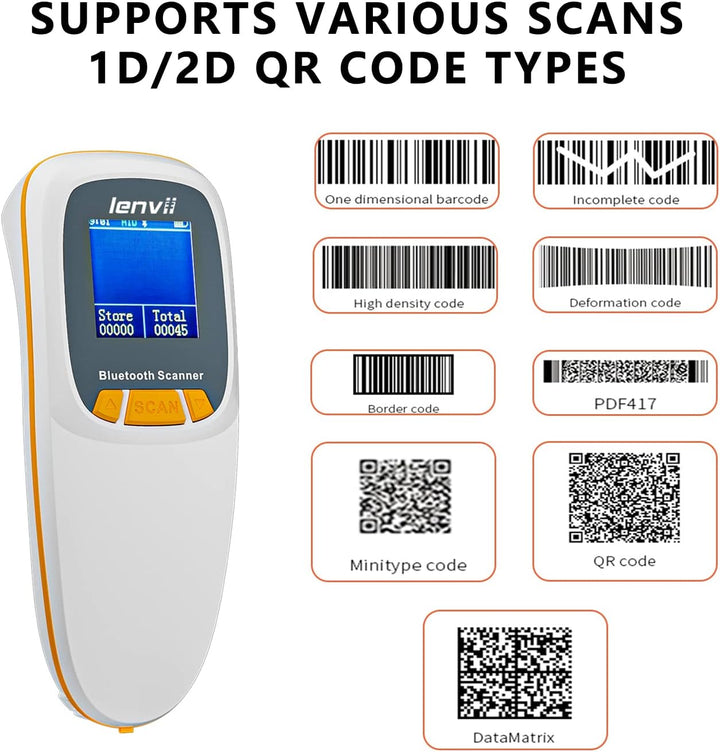 LENVII Mini Bluetooth 2D Barcode Scanner Kabellos – 3-in-1 mit LCD Display Weiss, Weiss