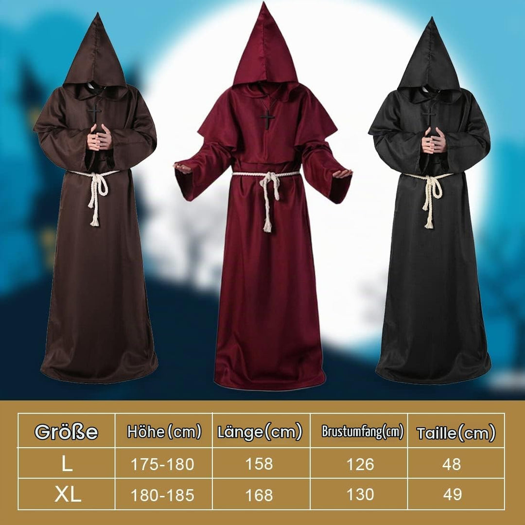 Wishstar Mönch Robe, XL Mittelalterliche Renaissance Robe, Kostüm Mönch mit Kapuze und Kordel, Schwa
