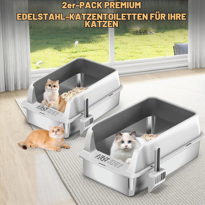 Homegroove 2er Set Edelstahl Katzenklo, 58 x 38 x 28 cm XL Metall Toilette für grosse Katzen mit Dec