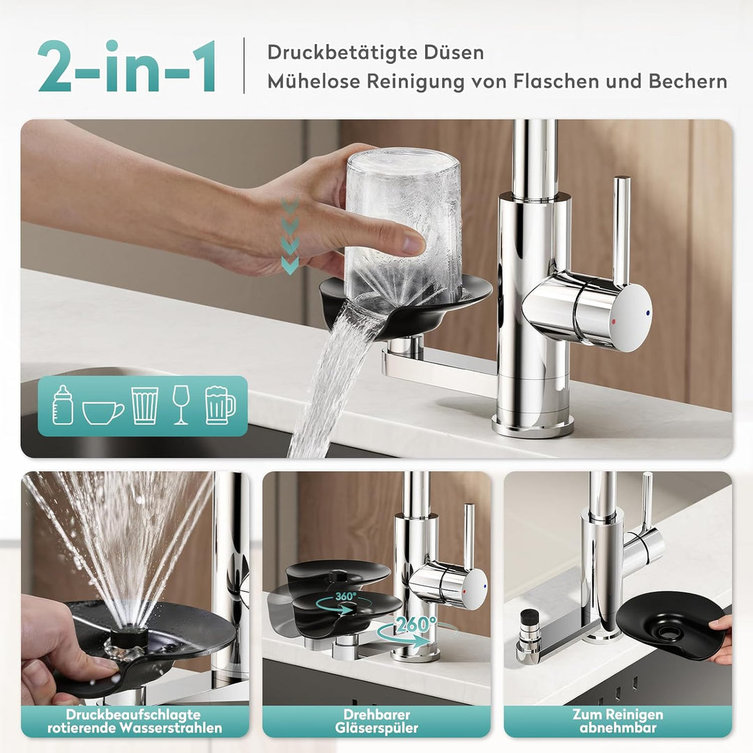 MIAOHUI Wasserhahn Küche mit Glasspüler, Chrom | 4 Funktionen Armatur Küche Ausziehbar, Einhebel küc