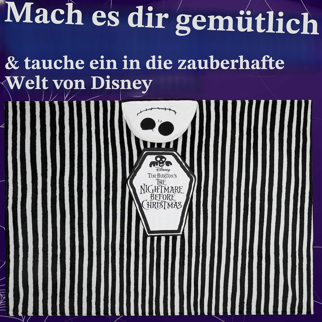 Disney The Nightmare Before Christmas Kuscheldecke mit Kapuze 150x120cm, Weiche Warme Fleecedecke, F