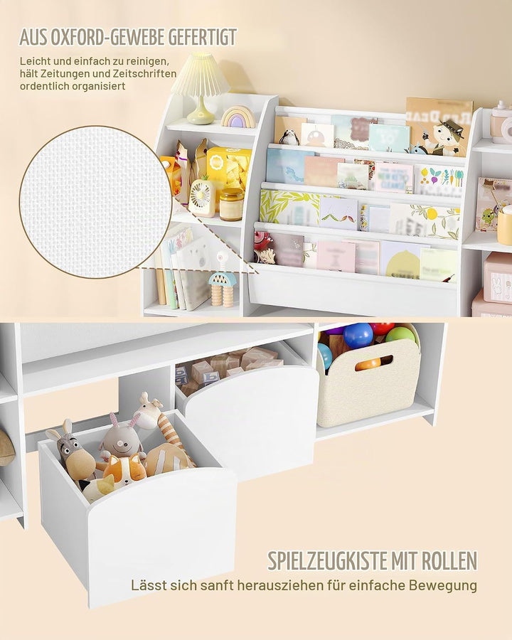 Hzuaneri Kinderregal mit Zeitungsständer, Bücherregal Kinder mit 3 Säulen, 4 Ablagen, Spielzeugregal