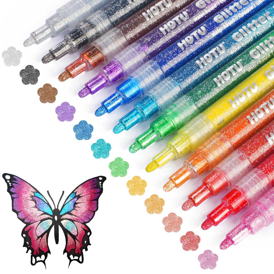 HOTU Glitzerstifte Set 12 Farben Glitzer Filzstifte Zeichenset 1-2mm, 12 Farben