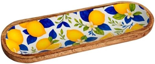 Serviertablett 29,5 cm Zitronen - Rechteckiges Tablett Holz &amp; Harz - Zitrusdekor Gelb &amp; Blau - 29,5