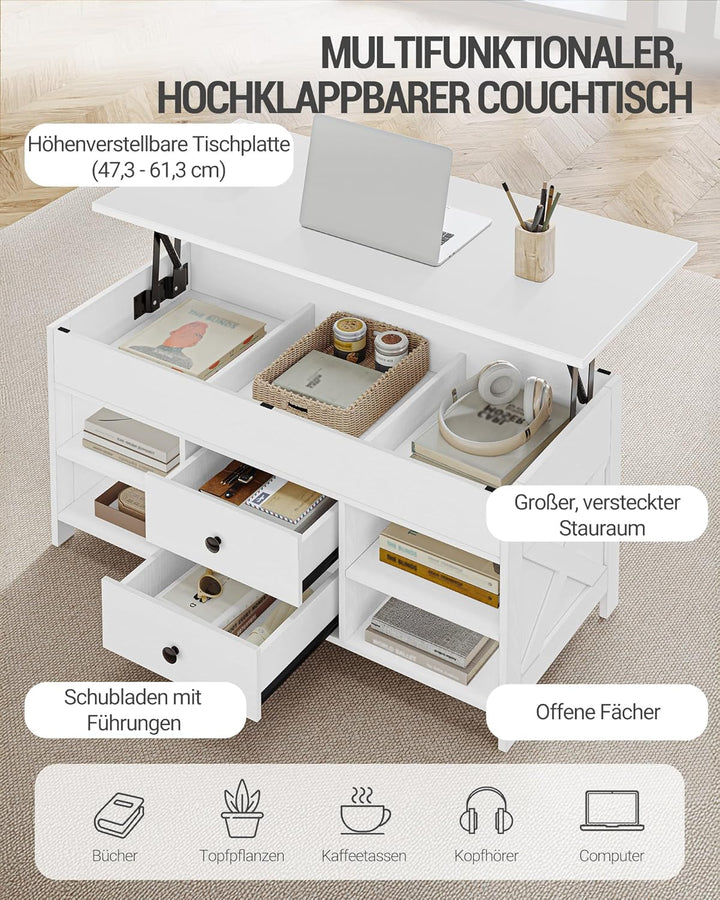 Hzuaneri Couchtisch, höhenverstellbarer Wohnzimmertisch, Sofatisch, 2 Schubladen und Versteckter Sta