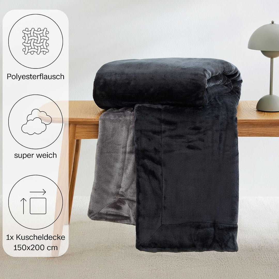 s.Oliver Doublesoft Kuscheldecke 150x200 - super kuschelig &amp; warm, Polyesterflausch Decke dunkelgrau
