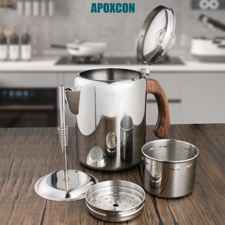 APOXCON Kaffee-Perkolatorkanne aus Edelstahl mit robustem Glasknopf und behandeltem Massivholzgriff
