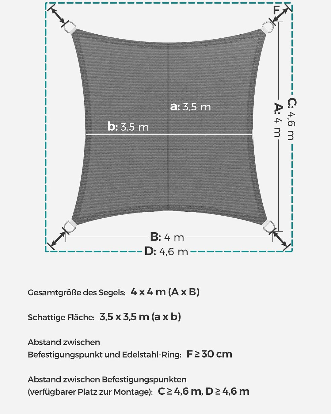 SONGMICS Sonnensegel 4 x 4 m, Sonnenschutz aus HDPE-Gewebe, luftdurchlässig, wasserdurchlässig, für