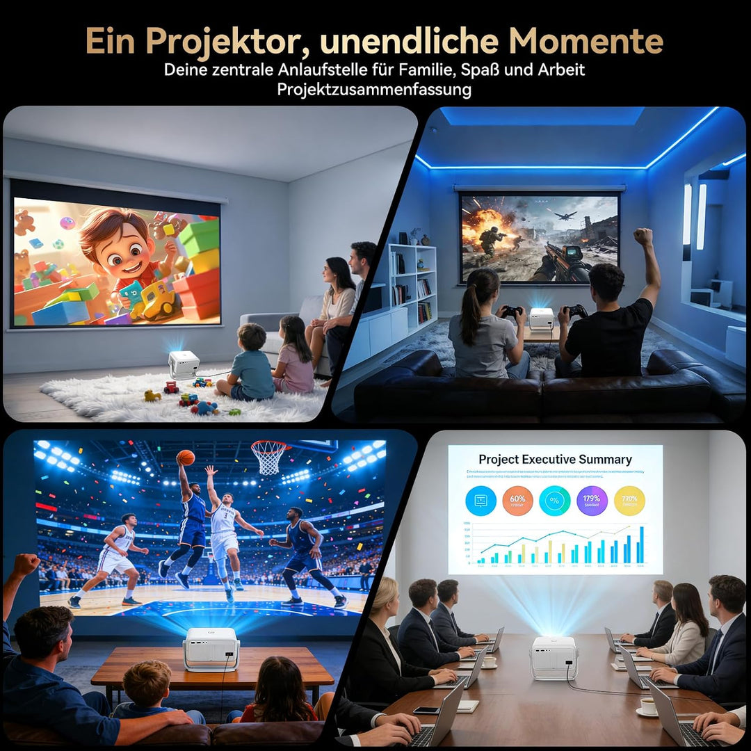 Beamer 4k 【Kompatibel mit Netflix/360° Drehbar】,Smart Beamer mit Autofokus/6D Trapezkorrektur,1080P