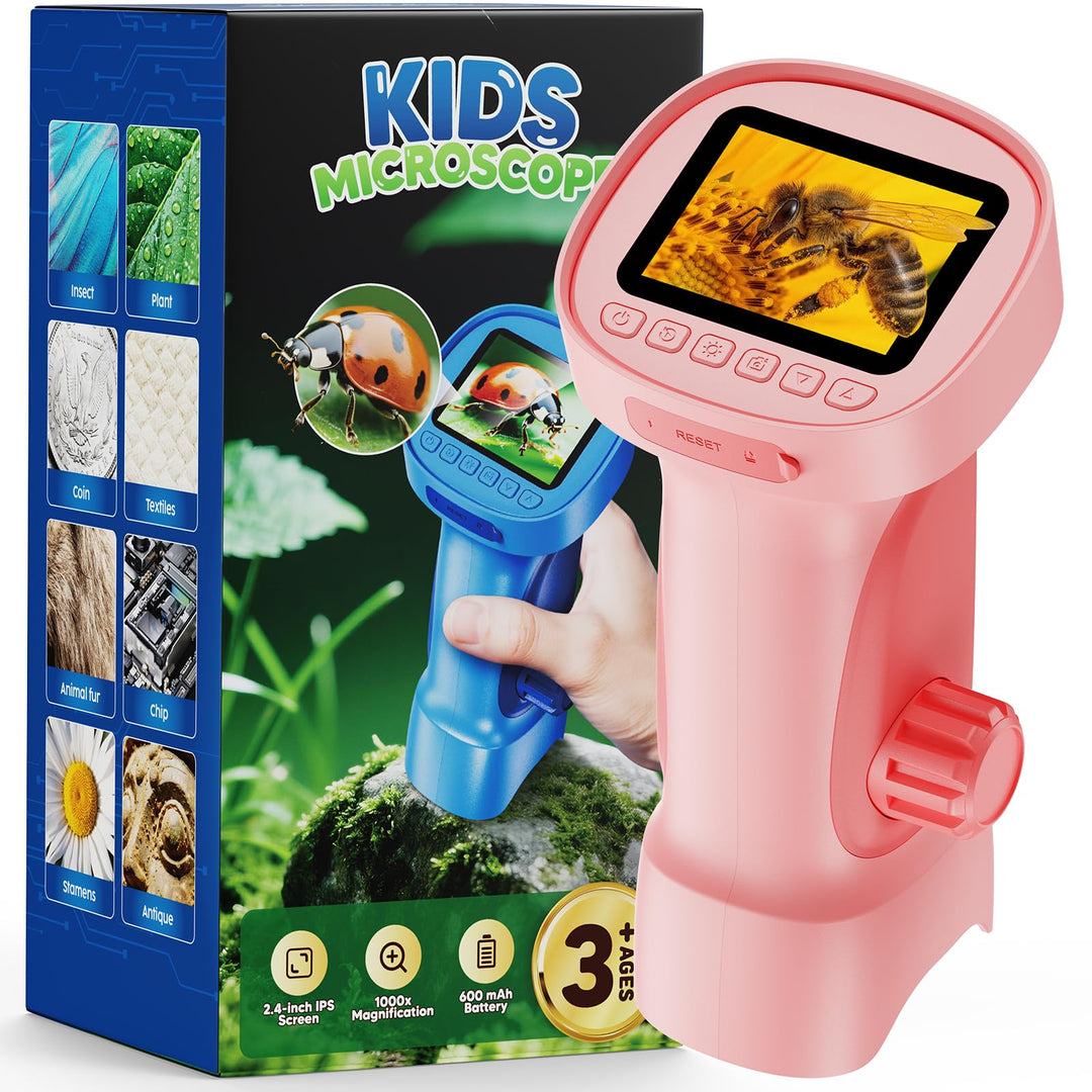Mikroskop für Kinder 1000X mit Bildschirm, Foto, Videofunktion Rosa, Rosa