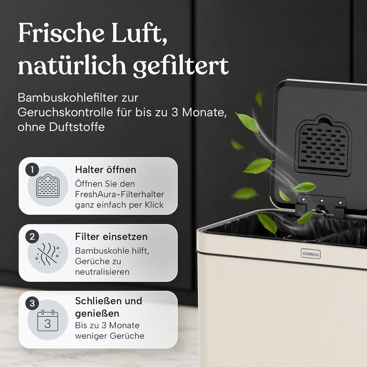 Mülleimer Küche 2 Fächer 60L – Doppelmülleimer mit FreshAura Geruchsfilter – Duo Slow Close Tretmüll