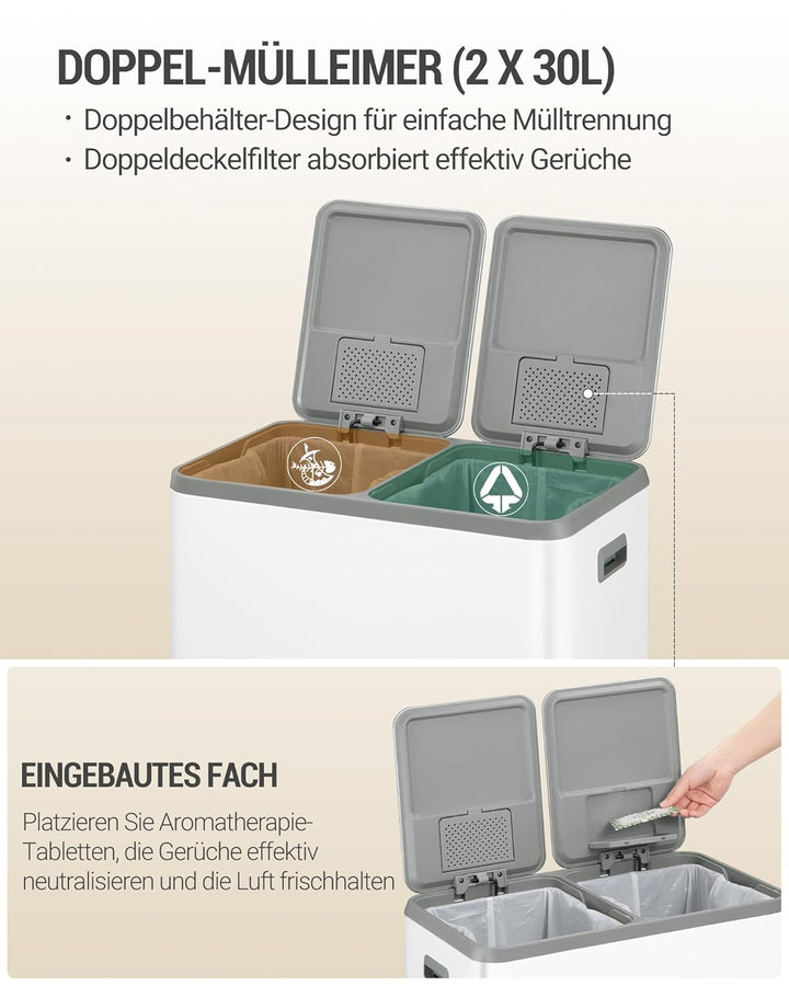 Hzuaneri Mülleimer Küche, Mülltrennsystem 2 Fächer 60L (2 x 30 L), Edelstahl-küchenmülleimer, Tretmü