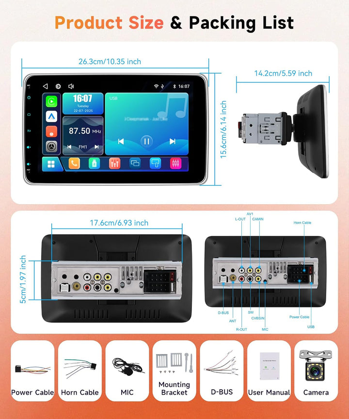 Rimoody Wireless Carplay Autoradio 1 Din mit Wireless Android Auto, 10 Zoll Einstellbar Touchscreen