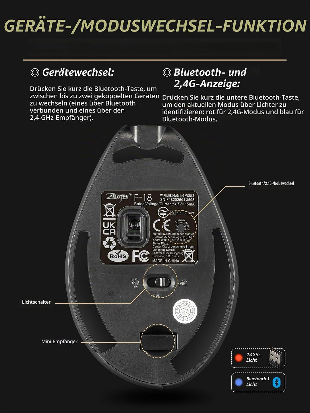 Kabellose Ergonomische Maus mit Joystick, vertikale Bluetooth-Gaming-Maus, 12 programmierbare Tasten