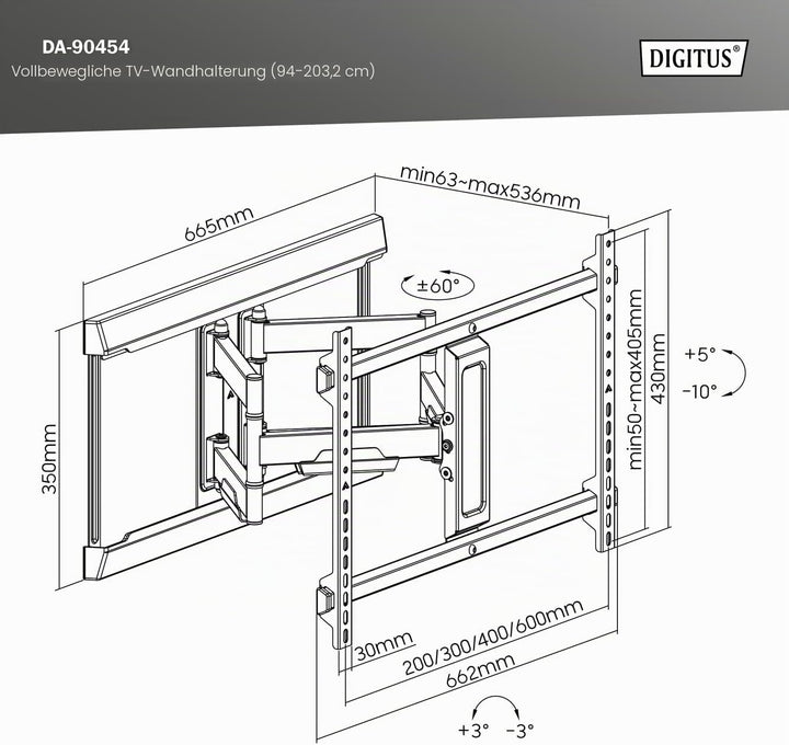 DIGITUS Full Motion TV-Wandhalterung 37-80" | 60 kg Belastung – Ausziehbar, schwenkbar, neigbar – In