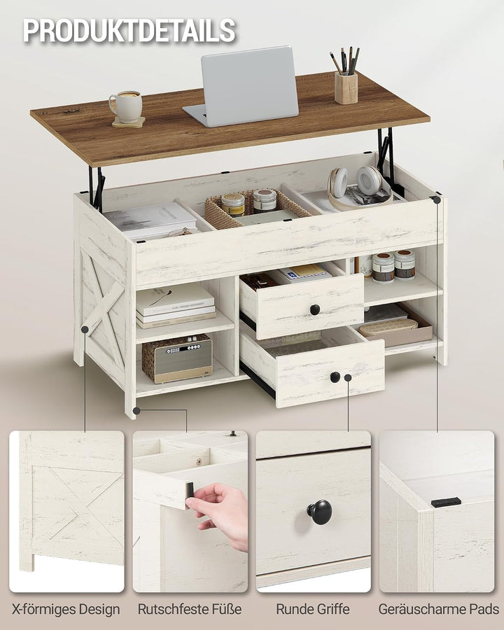 Hzuaneri Couchtisch, höhenverstellbarer Wohnzimmertisch, Sofatisch, 2 Schubladen und Versteckter Sta