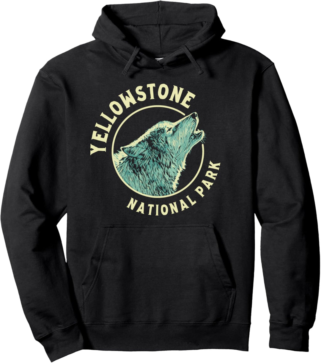 Retro Yellowstone National Park Wolf Minimalist Design Pullover Hoodie