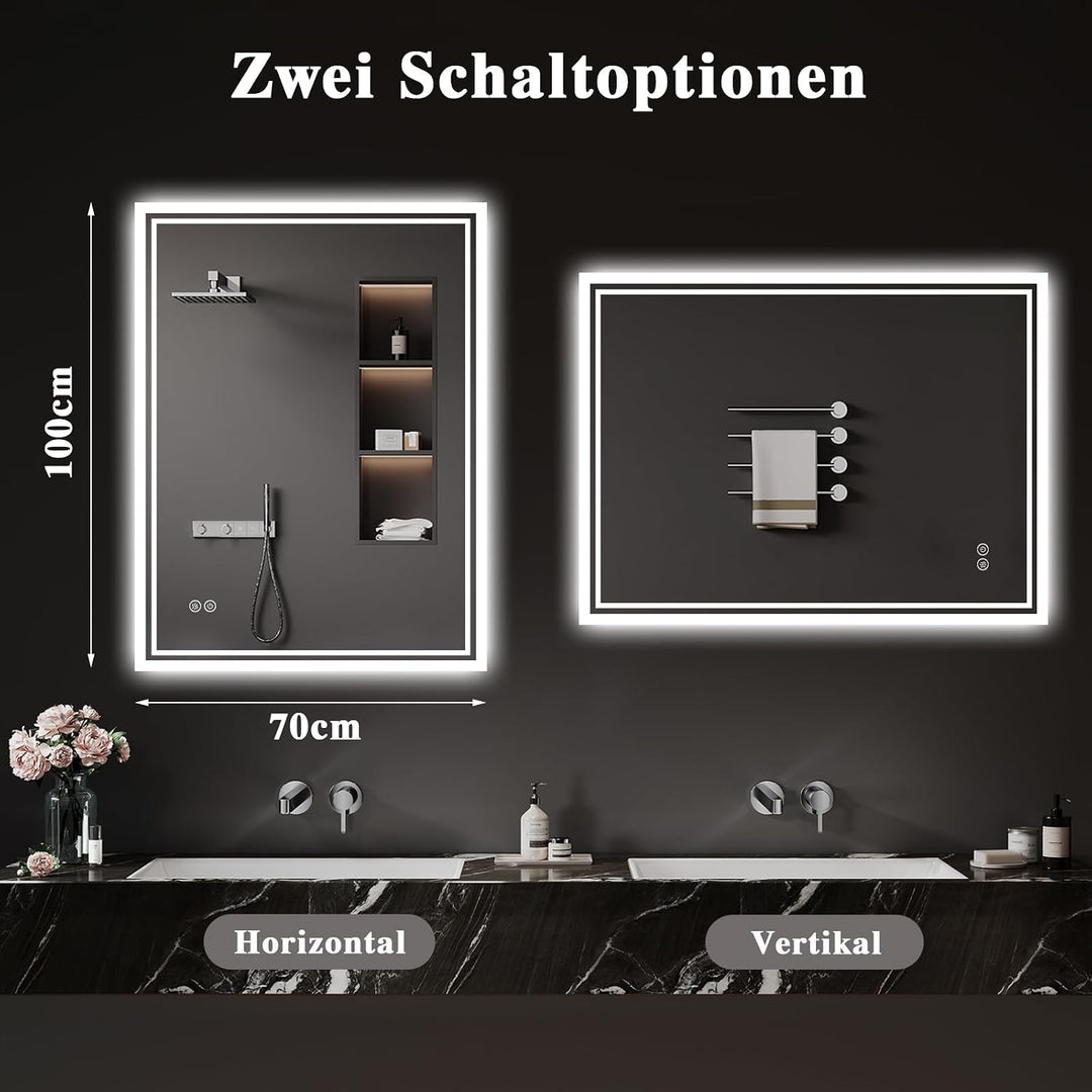 Badspiegel-mit-Beleuchtung 70x100cm: LED Badezimmer-Spiegel Badezimmerspiegel mit Beschlagfrei, Touc