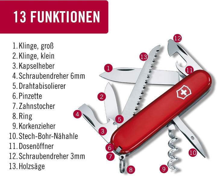 Victorinox Schweizer Taschenmesser, Camper, Swiss Army Knife, Multitool, 13 Funktionen, Klinge, Kork