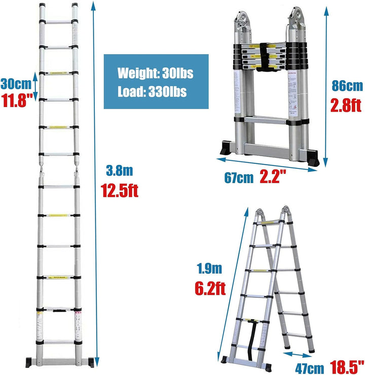 Teleskopleiter 2-in-1-Klappleiter 3,8m (1,9 m + 1,9m), tragbare Verlängerungsleiter, strapazierfähig
