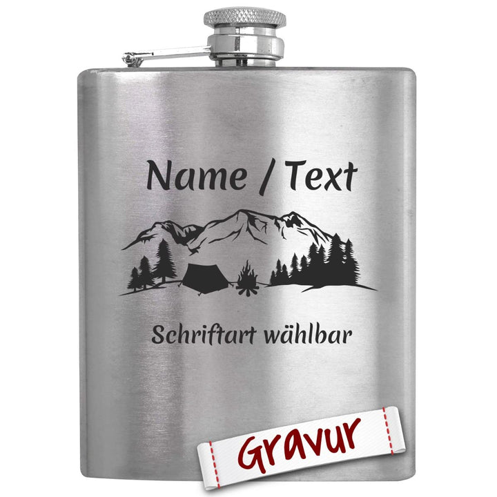 Camping Geschenk Flachmann mit Gravur/Spruch personalisiert, Outdoor Camper Geschenke für Männer/Pap