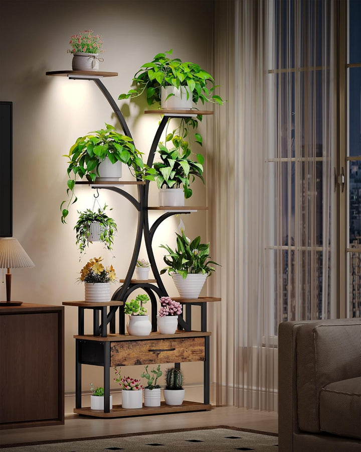 Hzuaneri Pflanzenständer mit Wachstumslicht, 9-Ebenen Blumenständer mit 4 R-G LED-Leuchten, Farbe un