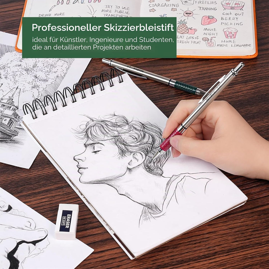 Nicpro 2mm Druckbleistifte Set, 4 Stücke Fallminenstift Metall Mechanische Bleistifte 2,0 mm,3 Dosen