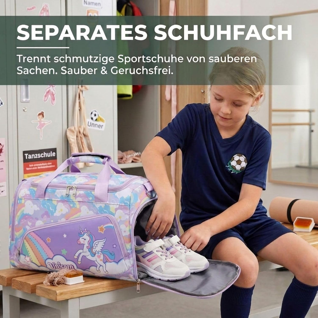 Suweir Kinder Sporttasche, Mädchen Reisetasche mit Schuhfach &amp; Nassfach Einhorn Regenbogen Lila, Ein