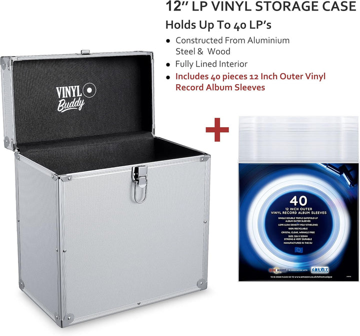 VINYL BUDDY 12" Aluminium-Schallplattenkoffer, für bis zu 40 LPs, inklusive 40x 12-Zoll-Äussere Scha