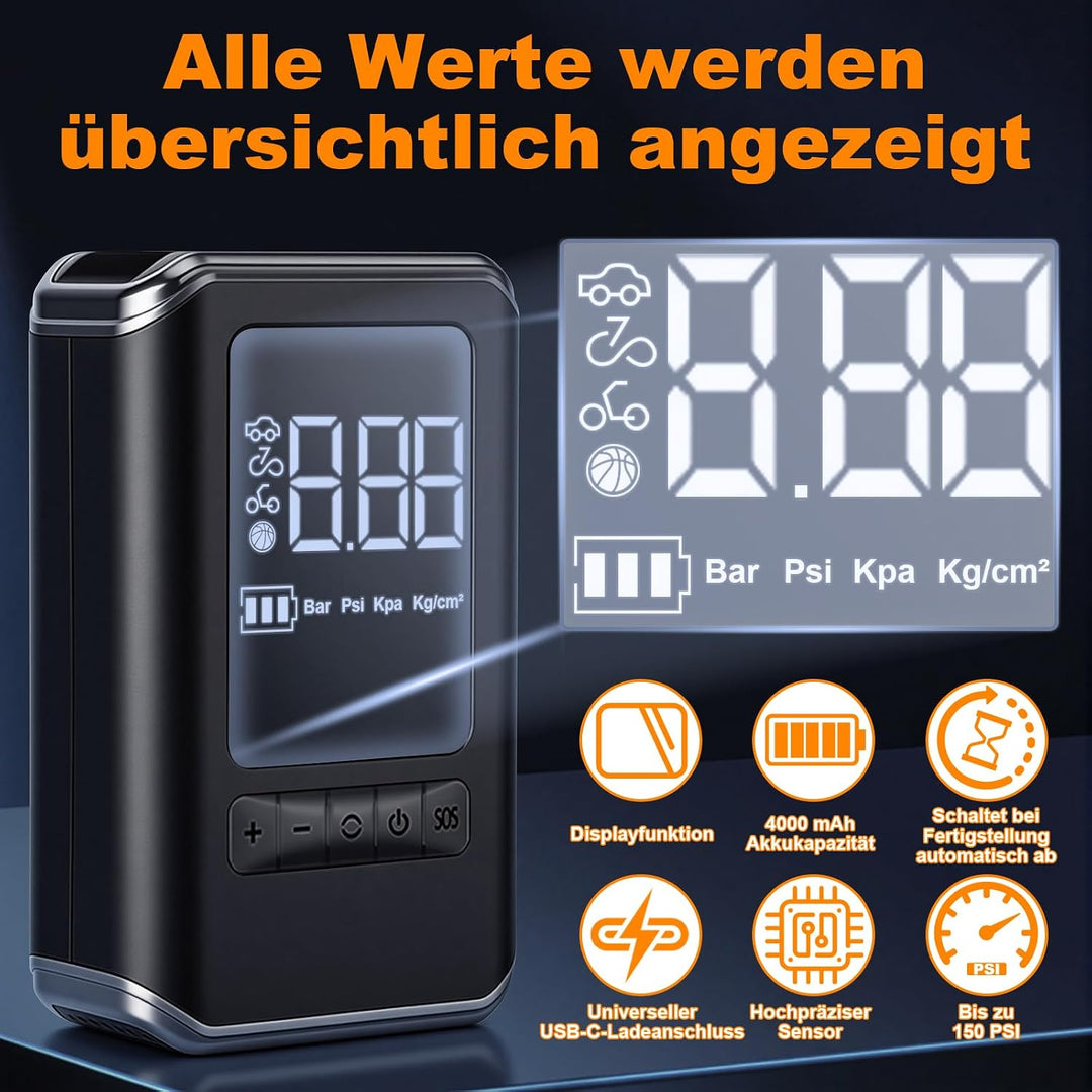 Elektrische Luftpumpe, 150PSI Akku Kompressor mit LED Licht und Auto Stopp
