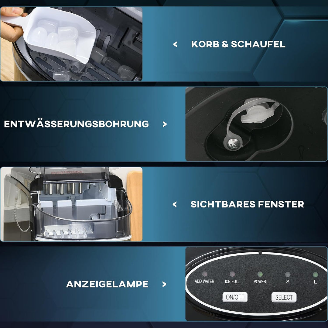 HOMCOM Eiswürfelmaschine Edelstahl, 12 kg 24 Stunden, 9 Eiswürfel in 6-9 Minuten, Verstellbar Würfel