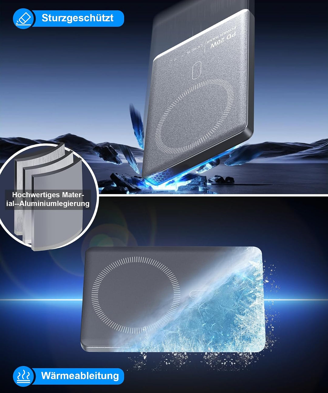 Powerbank iPhone für Magsafe,0.8cm Ultra Slim Magnetische Powerbank 6000mAh das Grau 6000.0 Milliamp
