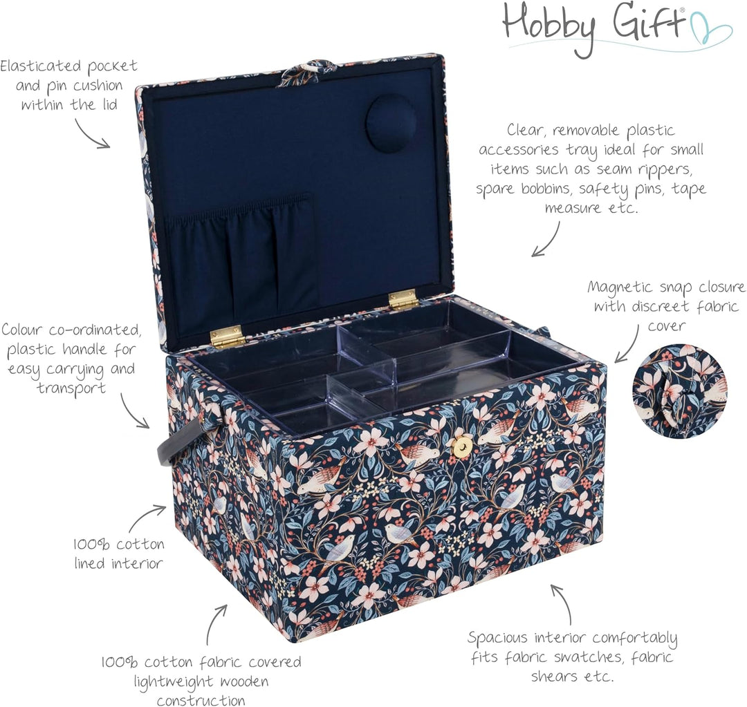 Hobby Gift Grosses Nähkästchen – bestickter Baumwollstoff mit Vögeln in Blumen, mit Kunststoffgriff,