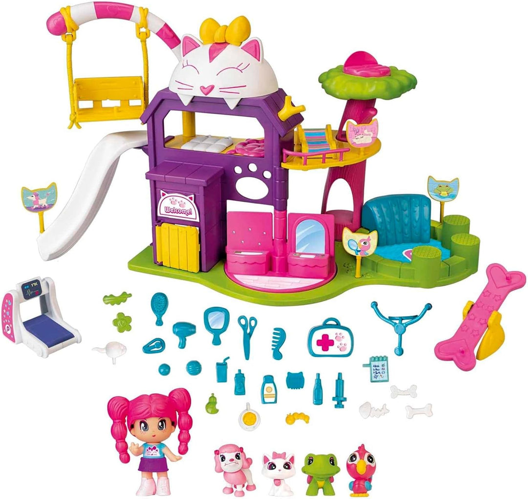Pinypon - Haustierschule, Puppen Spielzeug Set Figur, 4 Tier Figuren [ Hund Katze Schildkröte und Vo