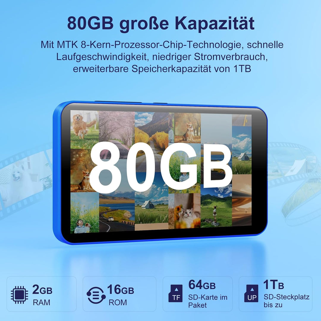 80GB MP3 Player with Bluetooth, WLAN und 4 Inch Touchscreen, Blue, Blue